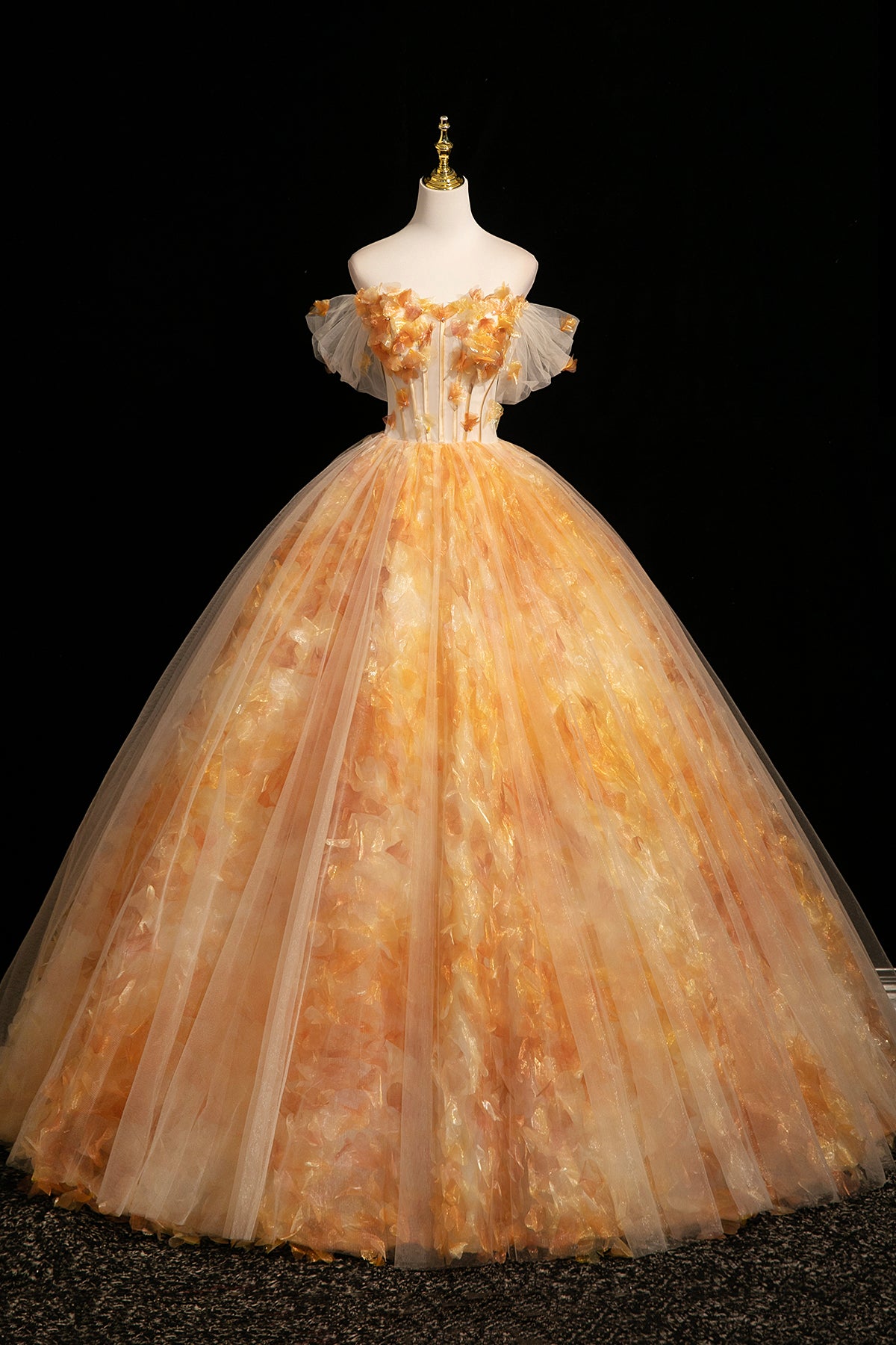 Orange Off the Shoulder Floral Tulle Ball Gown 3D Floral Prom Dress