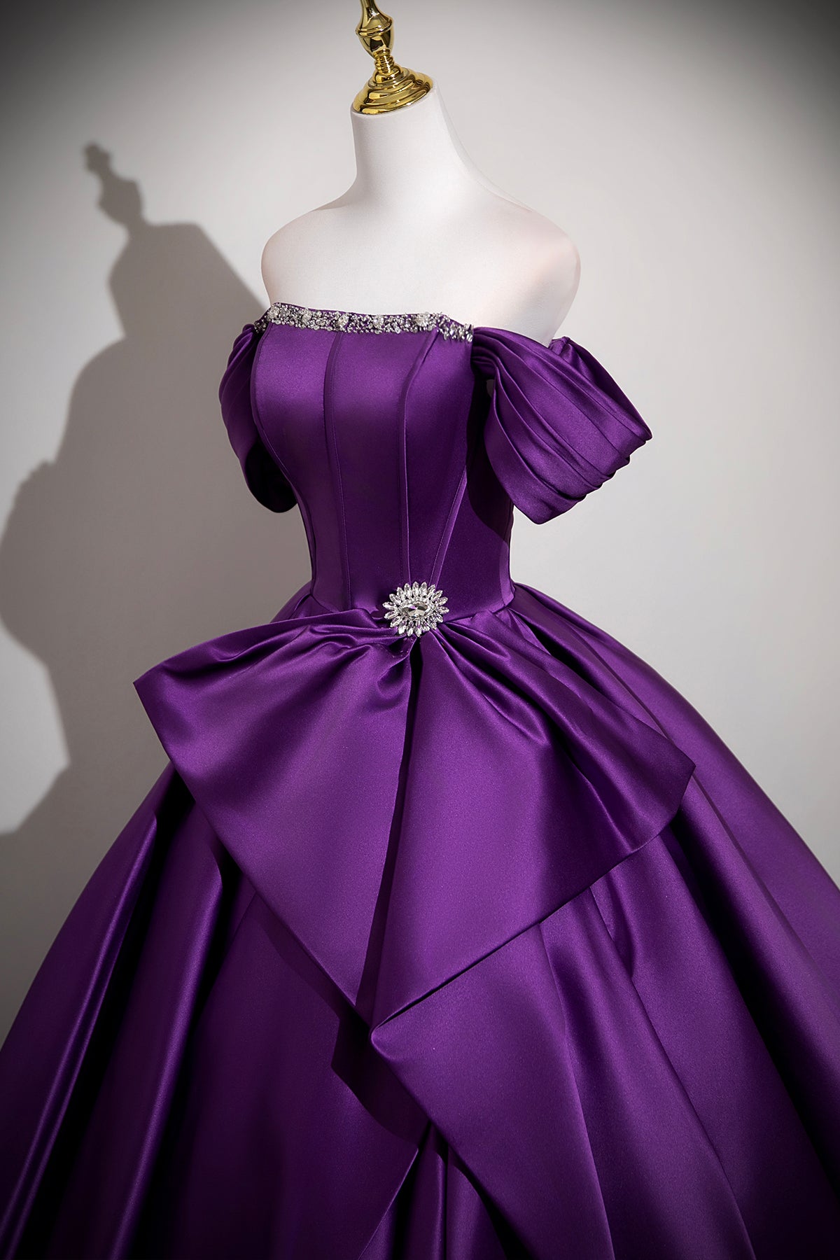Purple Satin Off the Shoulder Ball Gown Beaded Formal Evening Dress