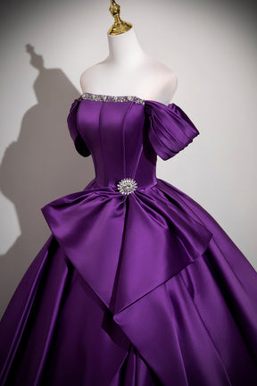 Purple Satin Off the Shoulder Ball Gown Beaded Formal Evening Dress