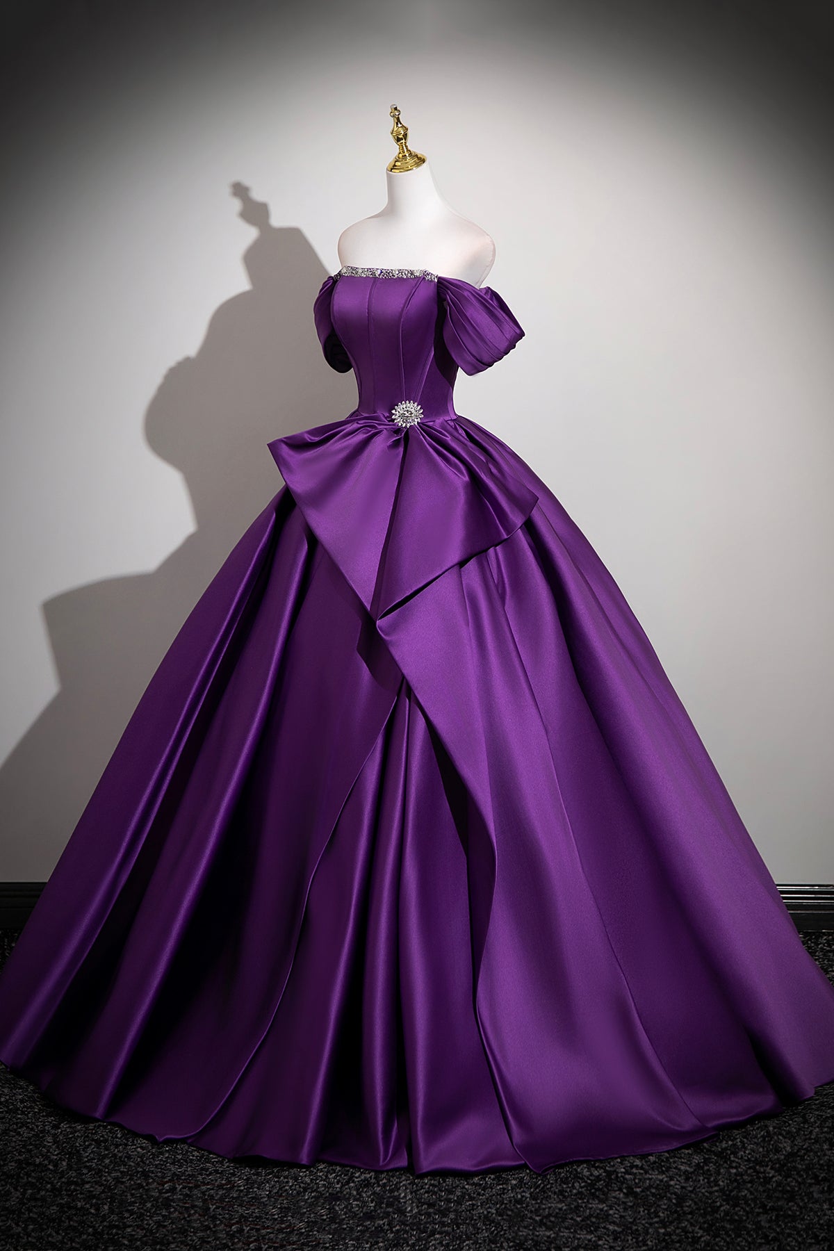 Purple Satin Off the Shoulder Ball Gown Beaded Formal Evening Dress