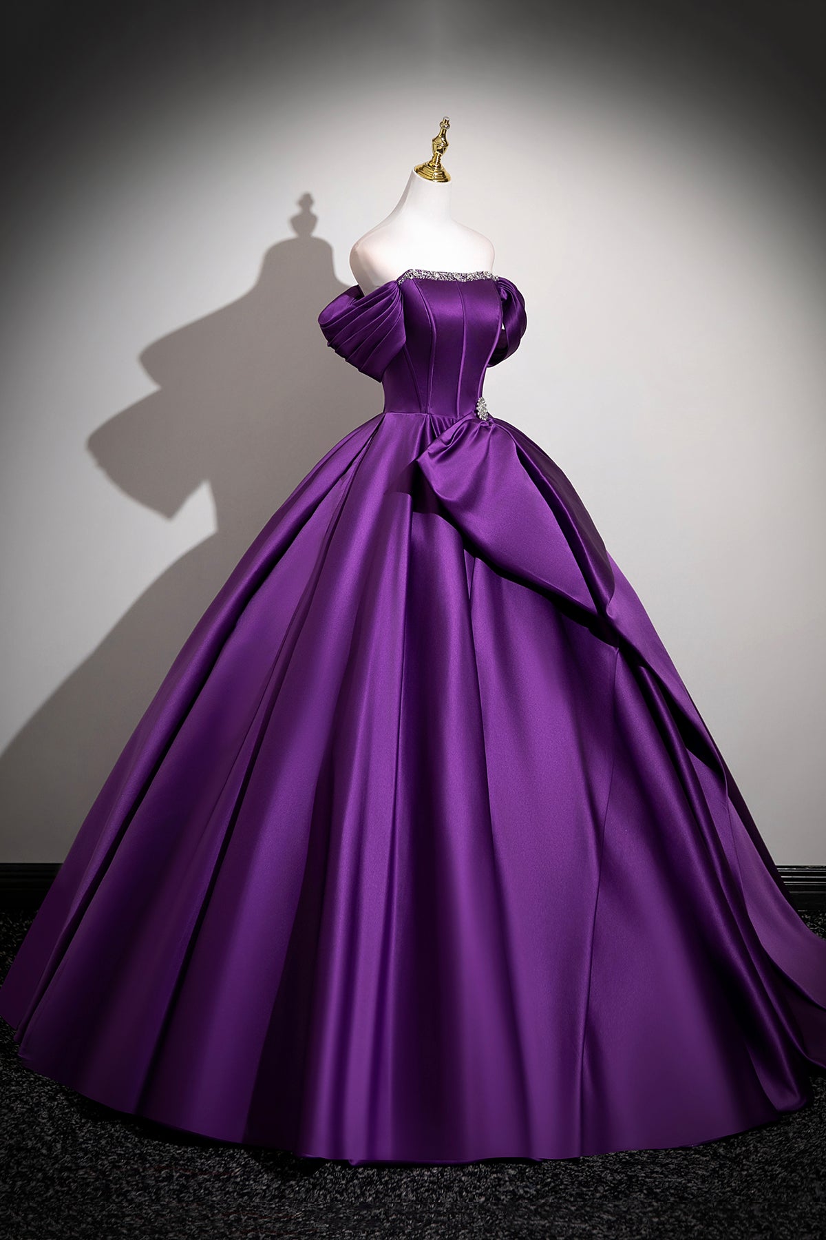 Purple Satin Off the Shoulder Ball Gown Beaded Formal Evening Dress