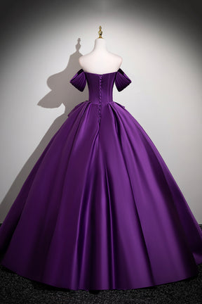 Purple Satin Off the Shoulder Ball Gown Beaded Formal Evening Dress