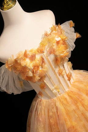 Orange Off the Shoulder Floral Tulle Ball Gown 3D Floral Prom Dress