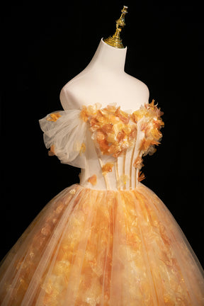 Orange Off the Shoulder Floral Tulle Ball Gown 3D Floral Prom Dress