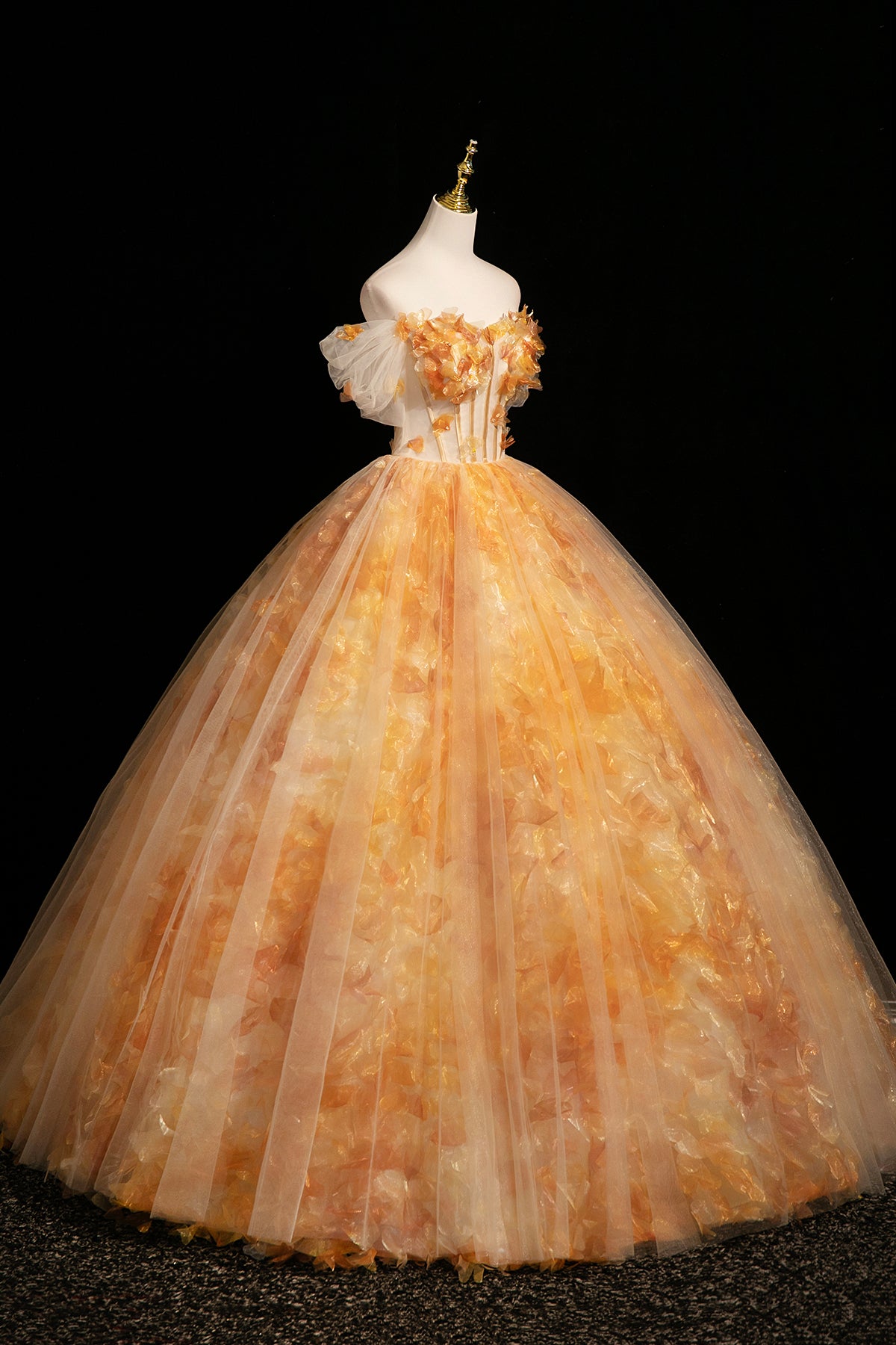 Orange Off the Shoulder Floral Tulle Ball Gown 3D Floral Prom Dress