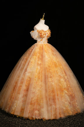 Orange Off the Shoulder Floral Tulle Ball Gown 3D Floral Prom Dress