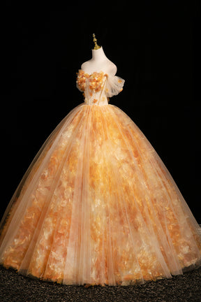 Orange Off the Shoulder Floral Tulle Ball Gown 3D Floral Prom Dress