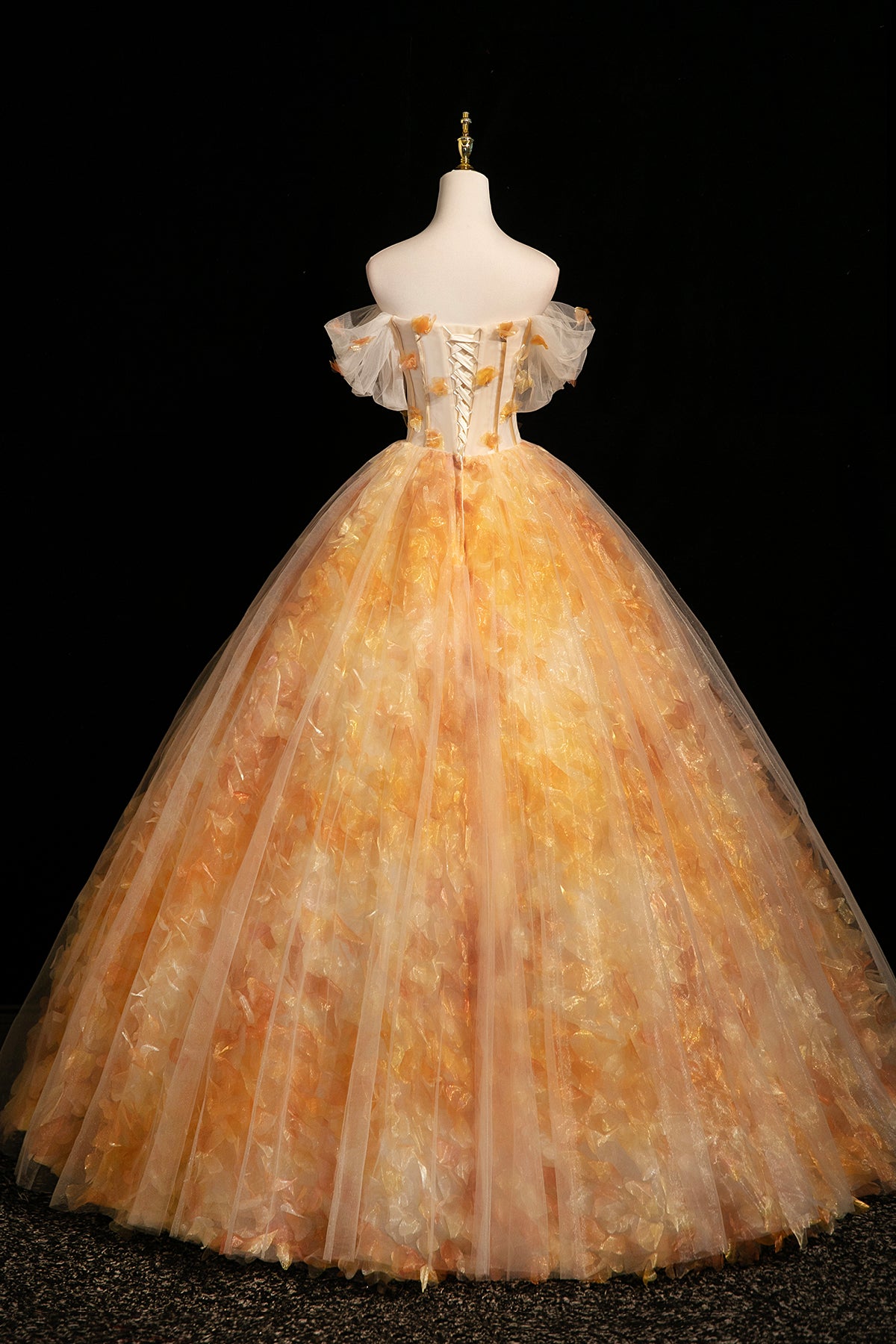 Orange Off the Shoulder Floral Tulle Ball Gown 3D Floral Prom Dress