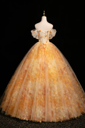 Orange Off the Shoulder Floral Tulle Ball Gown 3D Floral Prom Dress