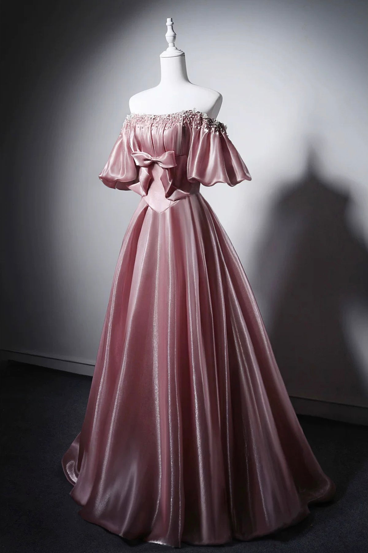 Dusty Pink Off-the-Shoulder Satin Formal Dress with Beaded Neckline