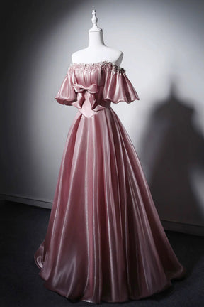Dusty Pink Off-the-Shoulder Satin Formal Dress with Beaded Neckline