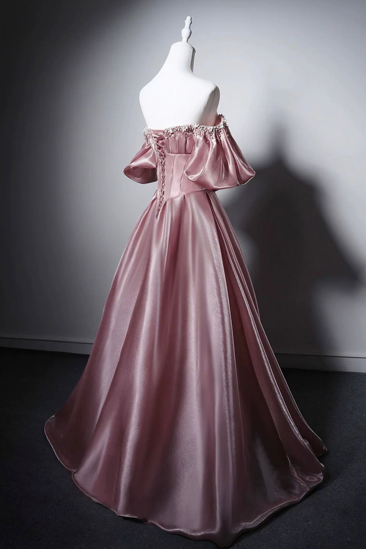 Dusty Pink Off-the-Shoulder Satin Formal Dress with Beaded Neckline