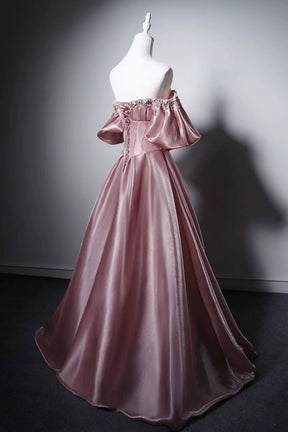 Dusty Pink Off-the-Shoulder Satin Formal Dress with Beaded Neckline