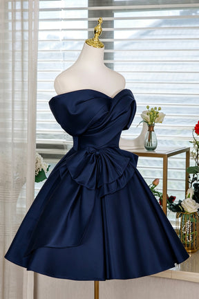 Navy Blue Off-Shoulder Satin Cocktail Dress with Bow Detail