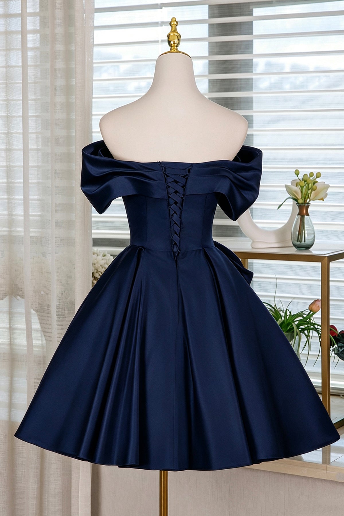 Navy Blue Off-Shoulder Satin Cocktail Dress with Bow Detail