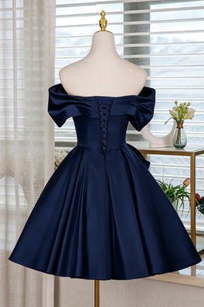 Navy Blue Off-Shoulder Satin Cocktail Dress with Bow Detail