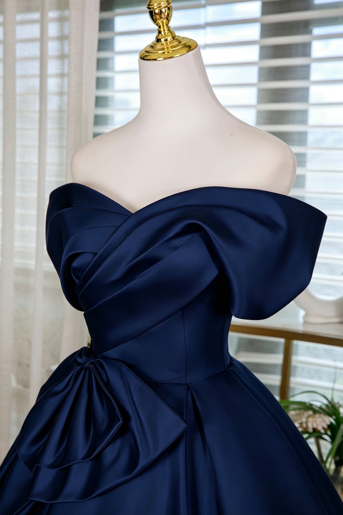 Navy Blue Off-Shoulder Satin Cocktail Dress with Bow Detail
