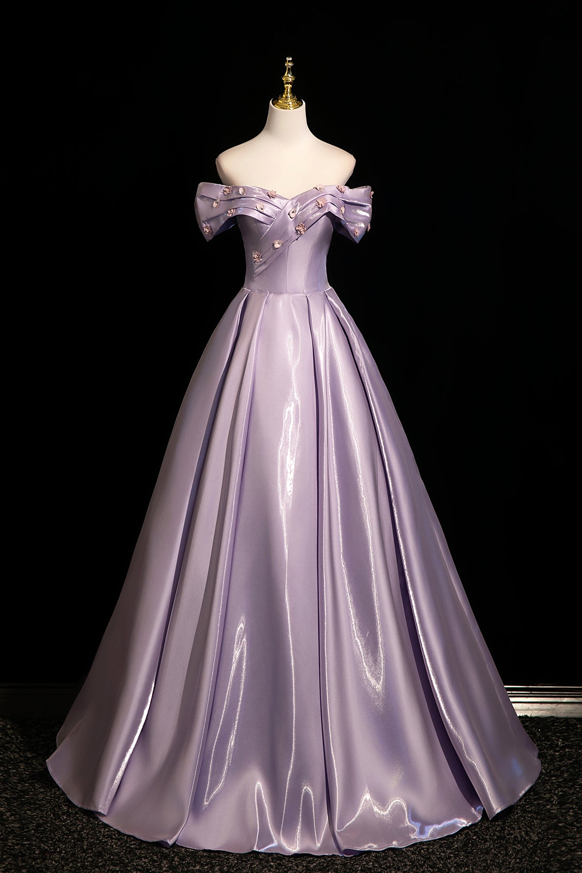 Lavender Off-the-Shoulder Satin Prom Evening Ball Gown