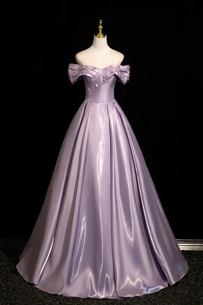 Lavender Off-the-Shoulder Satin Prom Evening Ball Gown
