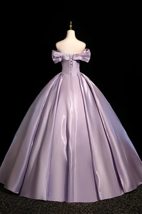 Lavender Off-the-Shoulder Satin Prom Evening Ball Gown