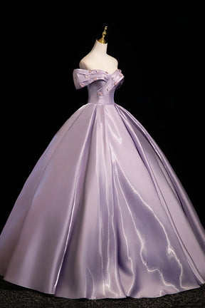 Lavender Off-the-Shoulder Satin Prom Evening Ball Gown