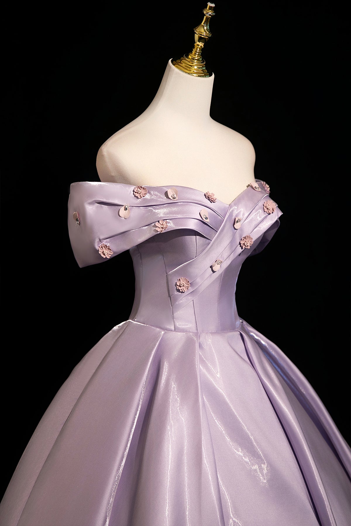 Lavender Off-the-Shoulder Satin Prom Evening Ball Gown