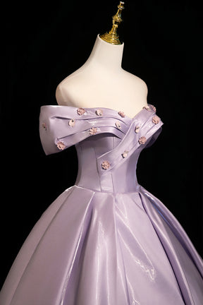 Lavender Off-the-Shoulder Satin Prom Evening Ball Gown