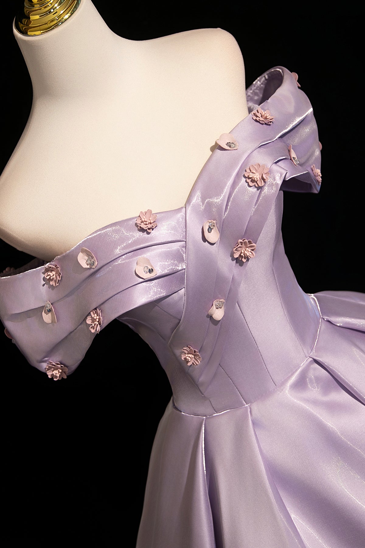 Lavender Off-the-Shoulder Satin Prom Evening Ball Gown