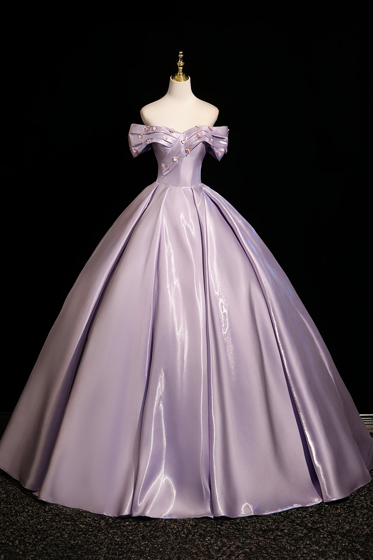 Lavender Off-the-Shoulder Satin Prom Evening Ball Gown