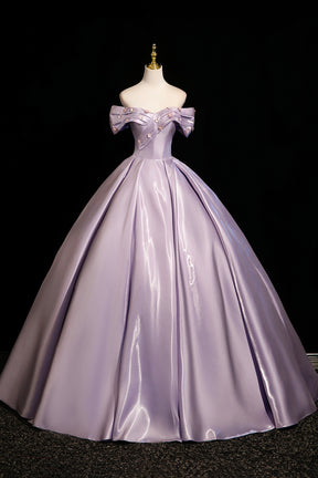 Lavender Off-the-Shoulder Satin Prom Evening Ball Gown