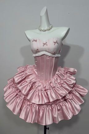 Blush Pink Strapless Ruffled Satin Mini Party Dress with Bow Details