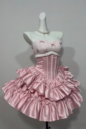 Blush Pink Strapless Ruffled Satin Mini Party Dress with Bow Details