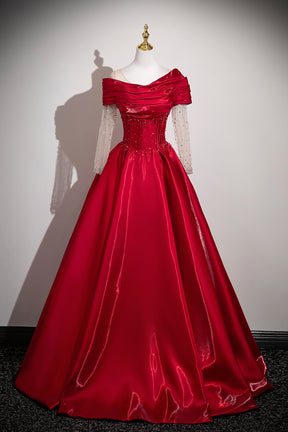 Red Satin Off-the-Shoulder Prom Ball Gown with Beaded Sheer Sleeves