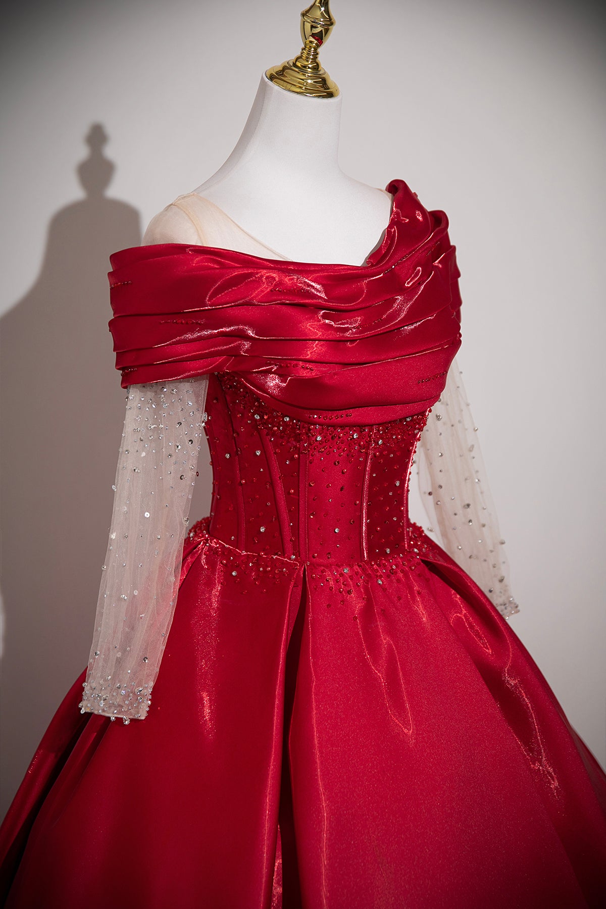 Red Satin Off-the-Shoulder Prom Ball Gown with Beaded Sheer Sleeves