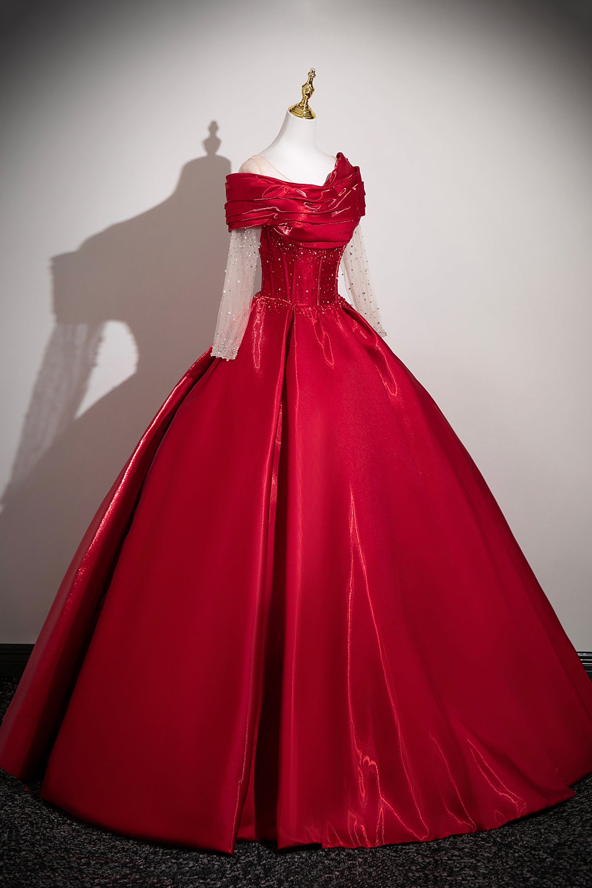 Red Satin Off-the-Shoulder Prom Ball Gown with Beaded Sheer Sleeves