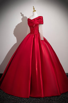 Red Satin Off-the-Shoulder Prom Ball Gown with Beaded Sheer Sleeves