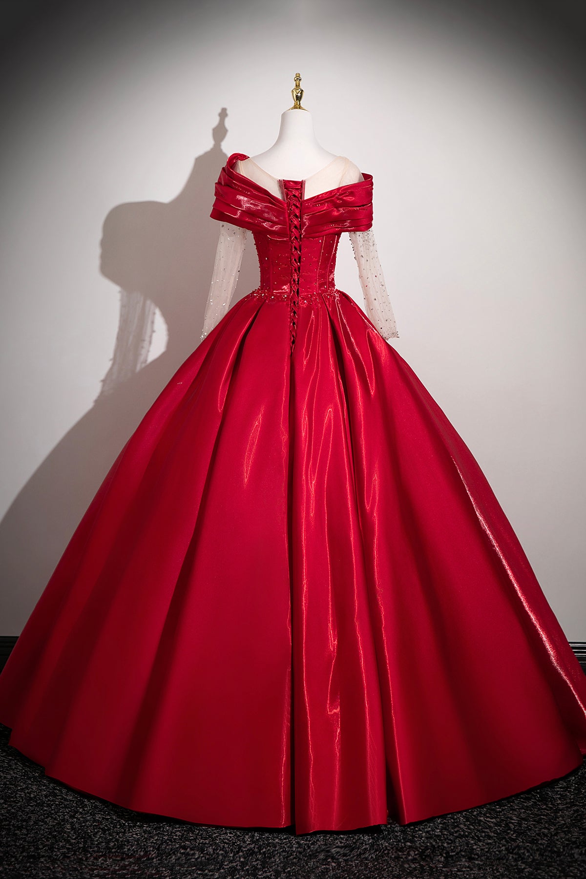 Red Satin Off-the-Shoulder Prom Ball Gown with Beaded Sheer Sleeves