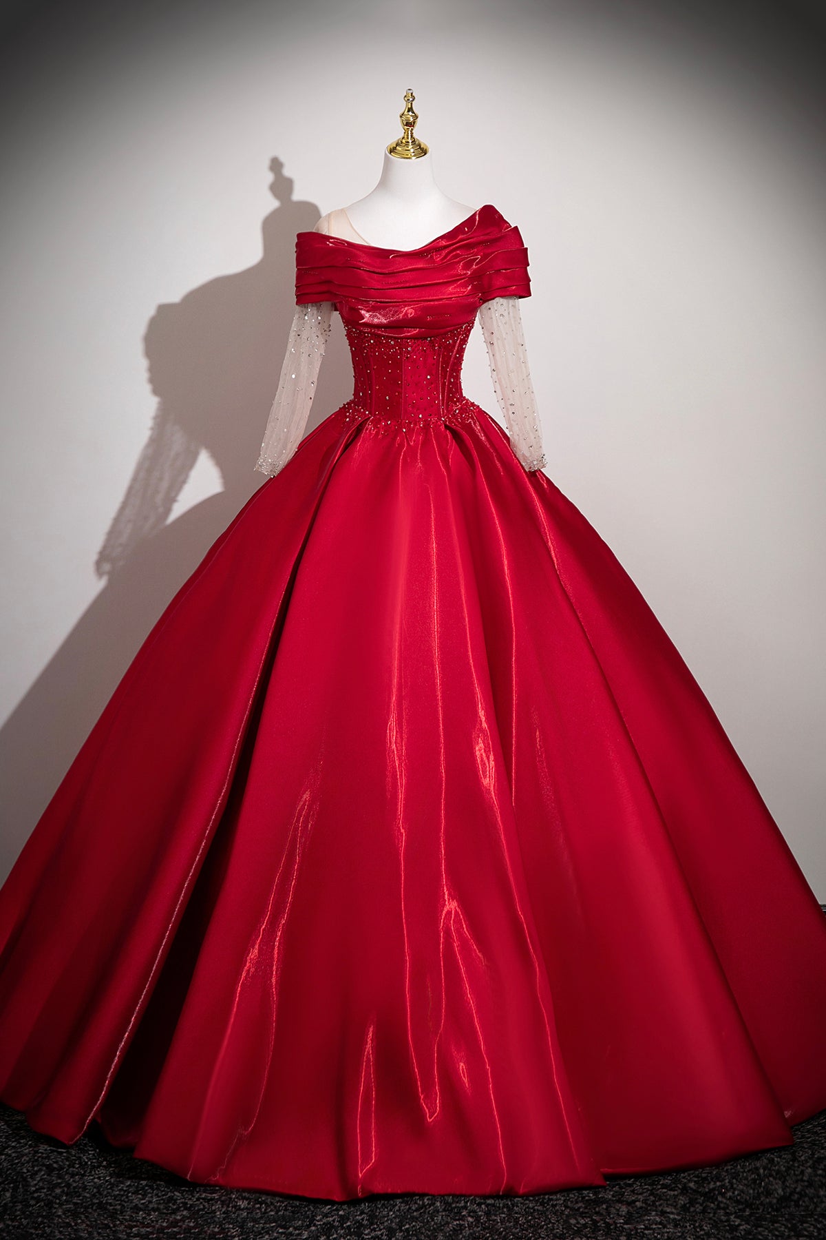 Red Satin Off-the-Shoulder Prom Ball Gown with Beaded Sheer Sleeves
