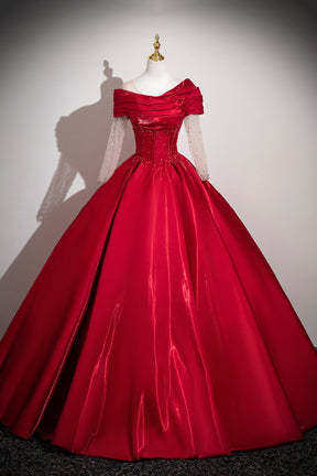 Red Satin Off-the-Shoulder Prom Ball Gown with Beaded Sheer Sleeves