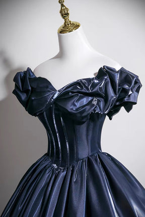 Navy Blue Off-the-Shoulder Satin Ball Gown with Corset Bodice