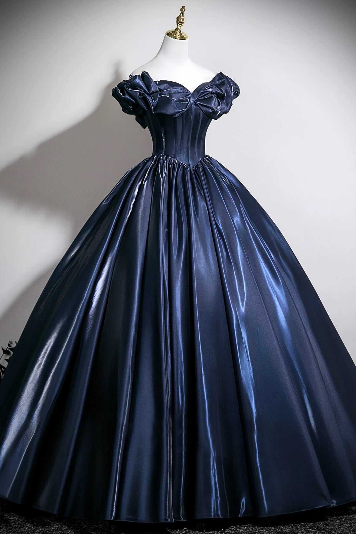 Navy Blue Off-the-Shoulder Satin Ball Gown with Corset Bodice