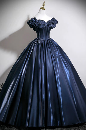 Navy Blue Off-the-Shoulder Satin Ball Gown with Corset Bodice