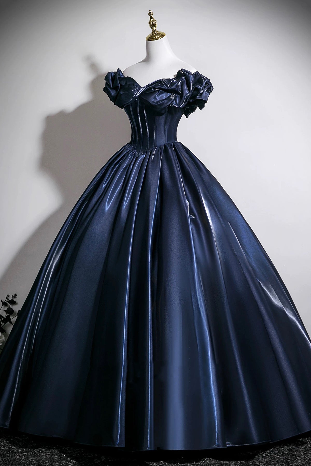 Navy Blue Off-the-Shoulder Satin Ball Gown with Corset Bodice