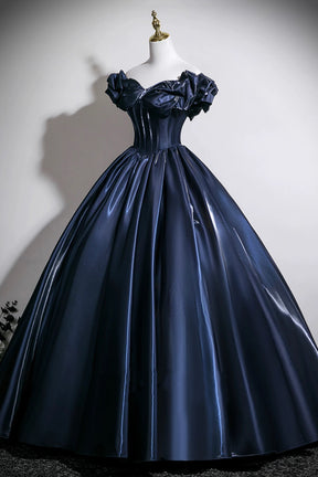 Navy Blue Off-the-Shoulder Satin Ball Gown with Corset Bodice