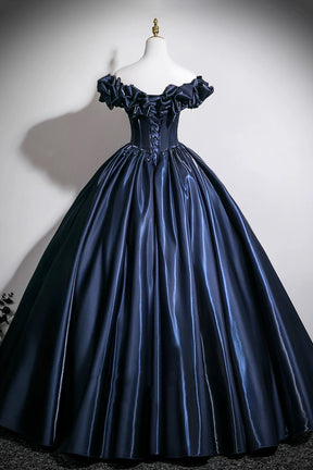 Navy Blue Off-the-Shoulder Satin Ball Gown with Corset Bodice