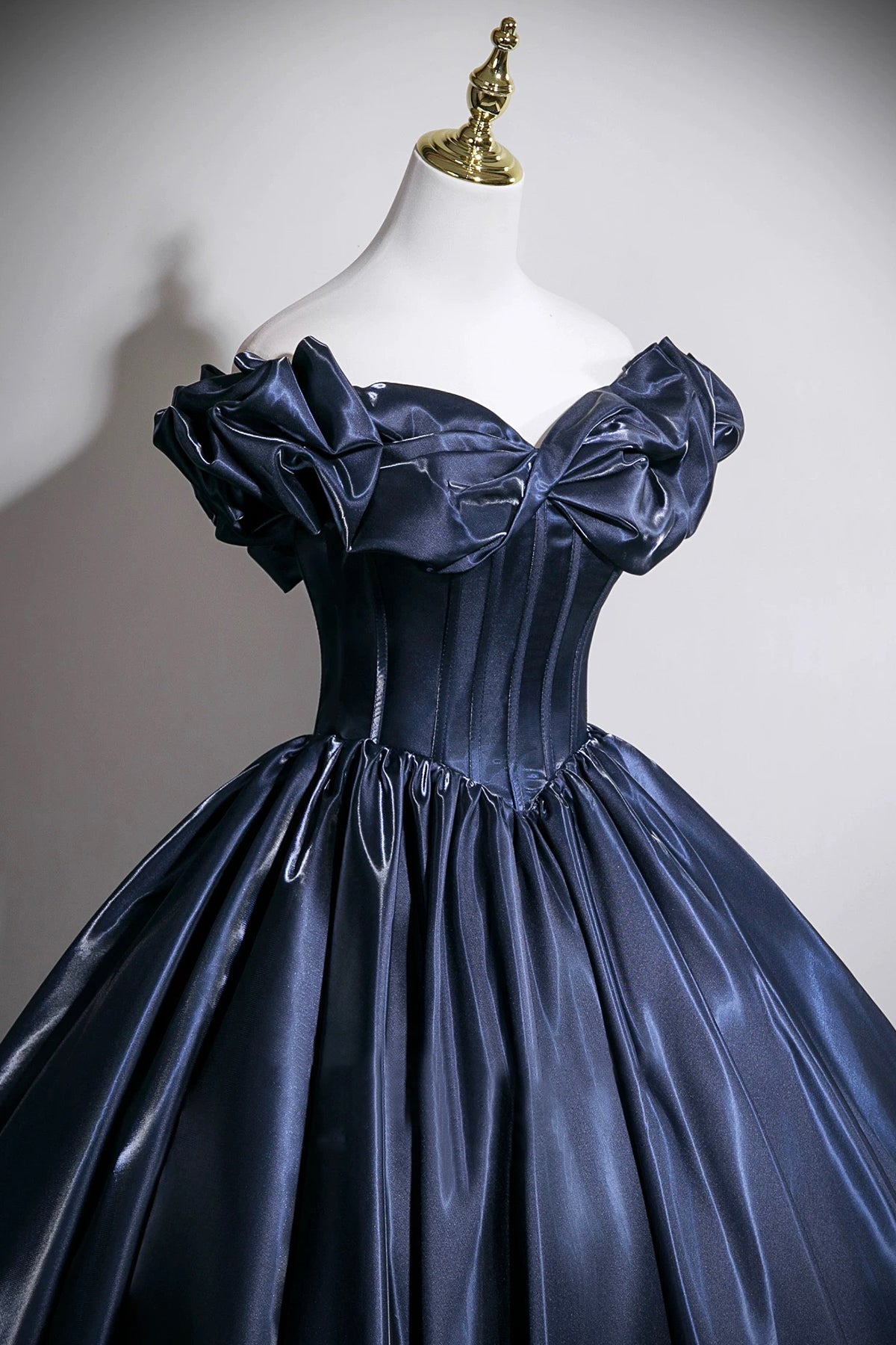 Navy Blue Off-the-Shoulder Satin Ball Gown with Corset Bodice