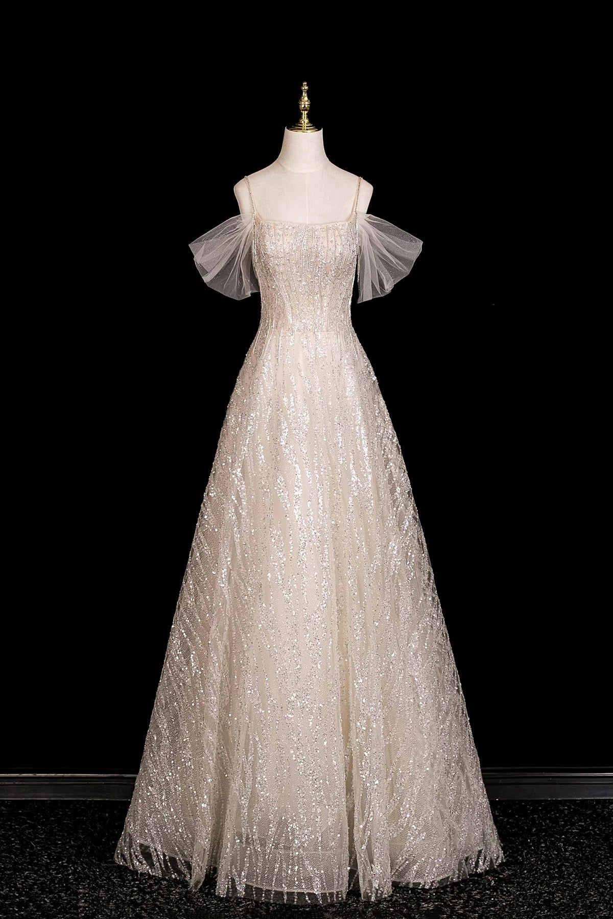Off-the-Shoulder Sequin Tulle Evening Gown | Champagne Formal Prom Dress