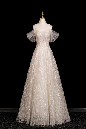 Off-the-Shoulder Sequin Tulle Evening Gown | Champagne Formal Prom Dress