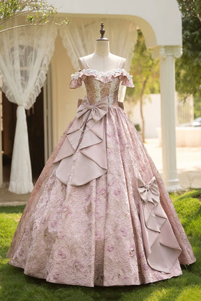 Pink Floral Lace Off-the-Shoulder Ball Gown with Back Satin Bow, Formal Prom Quinceanera Dress