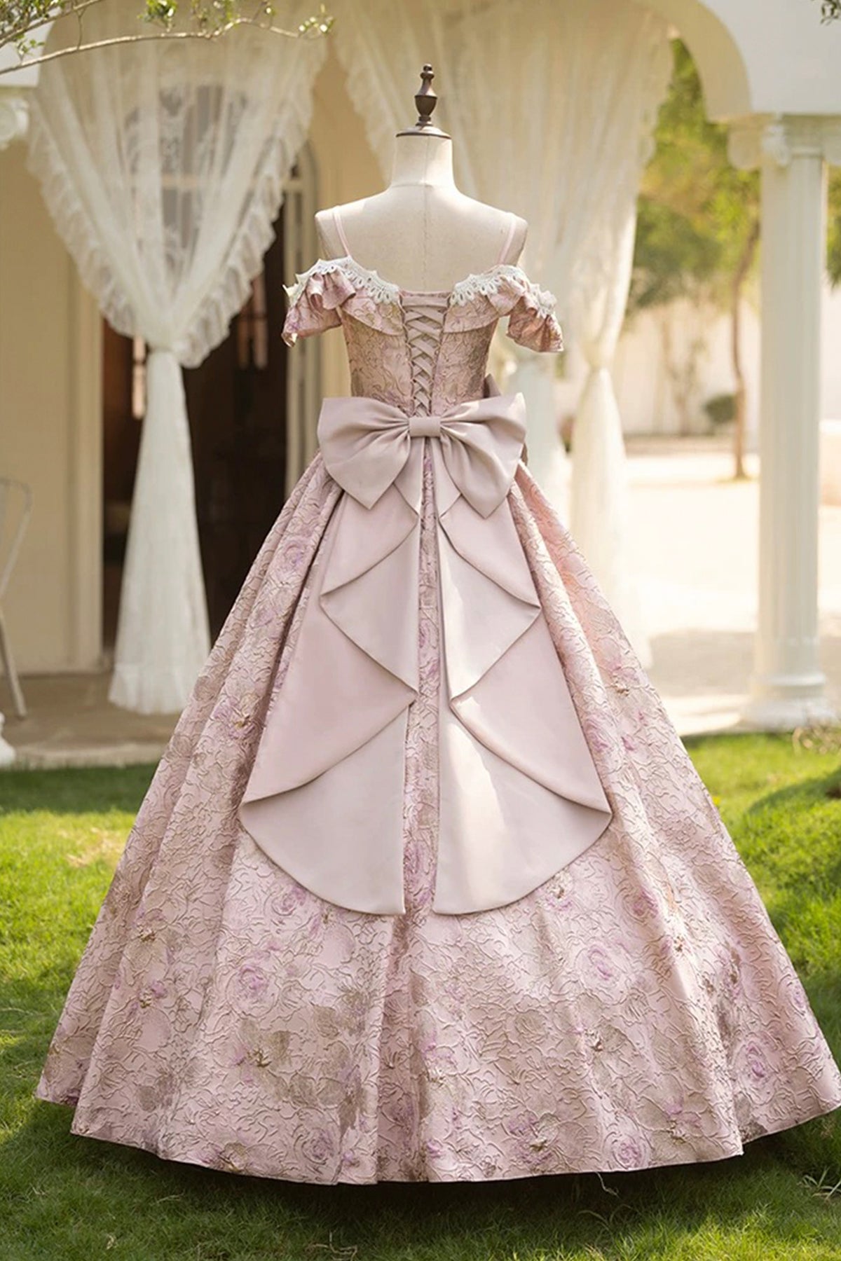 Pink Floral Lace Off-the-Shoulder Ball Gown with Back Satin Bow, Formal Prom Quinceanera Dress